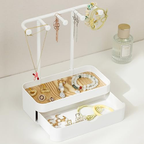 Schmuck Organizers mit Schubladen, Schmuckständer mit 5 Haken & Bodenschale, Deko Kettenständer mit 20 Schmucksäckchen, Kompakt Schmuckhalter für Halsketten Ohrringe Armbänder Ringe Uhren, Weiß
