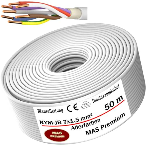 MAS Premium Cavo di alimentazione per ambienti umidi, 5 – 100 m, NYM-JB, 7 x 1,5 cm (colori), cavo di alimentazione elettrico, OFC per posa fissa (50 m)