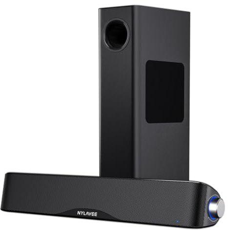 Nylavee Computer Speakers with Subwoofer, 2.1 PC Speakers System with Bluetooth 5.4 & 3.5mm Aux-in, 60W Peak Power, AC Adapter Powered Computer Sound Bar for Desktop PC, Laptop, Monitor, Gaming