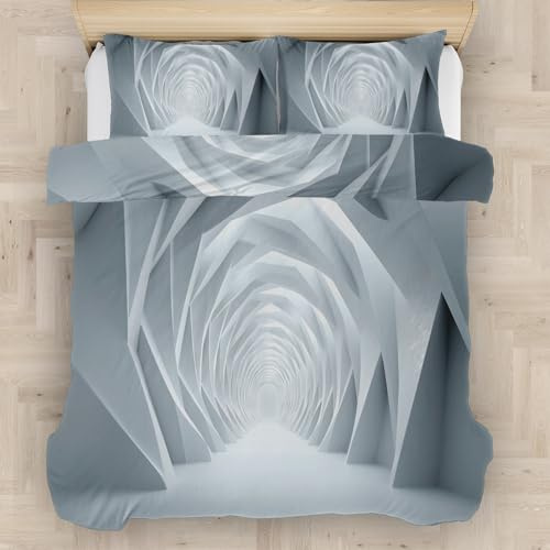 Polygonal Geometry Tunnel Duvet Cover Set Full Size, 80x90 Endless Build Space Bedding Microfiber 2 Piece with 1 Pillow Sham & Zipper Closure, Super Soft Comfy Minimalist Comforter Cover