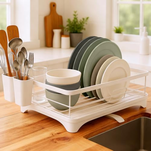La Moustache - Escurreplatos de Acero | 40×30,5×12,5 cm | Drenaje Automático y Boca Giratoria | Escurridor de Platos con Soporte para Utensilios de Cocina, Fregadero y Encimera (Blanco)