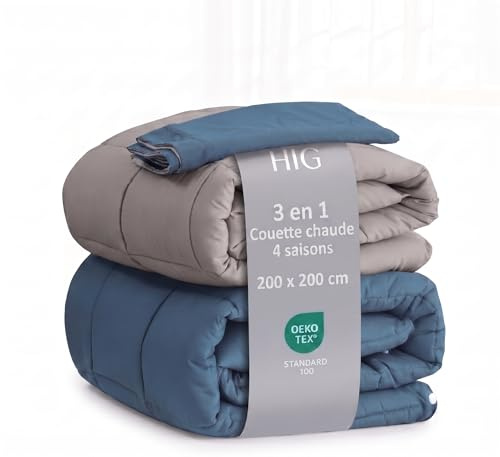 HIG 4-teilig 4 Jahreszeiten Bettdecken 200x200cm mit 2X Kissenbezüge 65x65cm, 300gsm Ganzjahresdecke + 150gsm Sommerdecke＝450gsm Winterdecke, 3 in 1 Steppdecke Flauschig (Blau/Hellgrau)