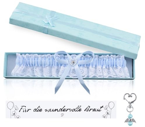WANDIC Strumpband, blått bröllop, brudstrumpband med blå spets, 1 set med bröllopskort och ängel vinge nyckelring, presentförpackning, personlig bröllopspresent till bruden