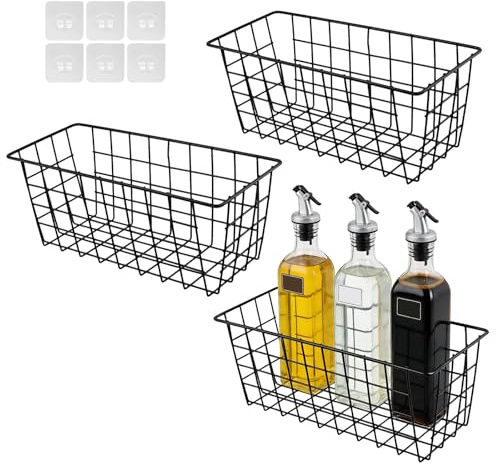 CHEUNGR 3 Pack Wire Storage Baskets, Black Metal Hanging Storage Basket, Adhesive Wire Baskets for Kitchen, Pantry, Bathroom, 28 x 12 x 12 CM