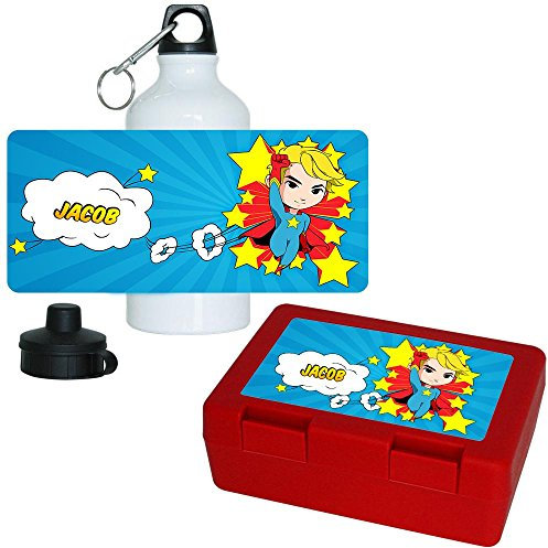 Eurofoto Brotdose + Trinkflasche Set mit Namen Jacob und schönem Superheld-Motiv für Jungen | Aluminium-Trinkflasche | Lunchbox | Vesper-Box