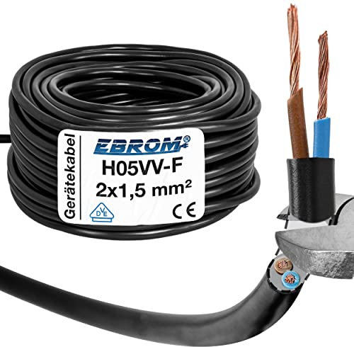 EBROM Kunststoff Schlauchleitung RUND, Kabel, Stromkabel, Leitung, Gerätekabel H05VV-F 2x1,5 mm² Farbe: schwarz - Viele Längen in 5 Meter Schritten bis 200 Meter 2x1,5 mm2, Ihre Kabellänge: 10 Meter