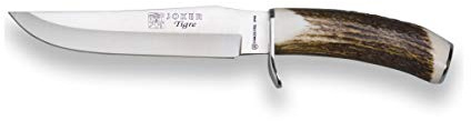 Joker Cuchillo de Monte Tigre CC34 con puño de Ciervo y Hoja MOVA de 17 cm, Peso 270 Gramos, Funda de Cuero, Herramienta de Pesca, Caza, Camping y Senderismo