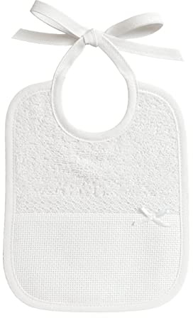 Filet - Bavaglino in Spugna Bianca, Realizzato Interamente a Mano con Tasca in Tela Aida da Ricamare, Ideale per le Neonate e Prima Infanzia, 100% Made in Italy, Color Bianco, Misure 18x21 cm