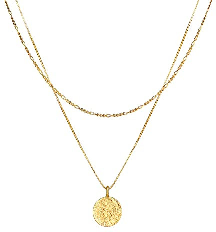 Kuzzoi Herren Silber-Halskette Layer Look mit Coin (15 mm), Halskette für den Mann in 925 Sterling Silber vergoldet, Goldene Layer Kette mit rundem Plättchen, Herrenkette mit Anhänger handgefertigt