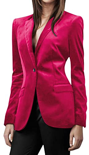 CHARTOU Women 1 Button Fitted Velvet Blazer Jacket Business Suit Jacket Work Office Notched Collar (Small,Rosy)
