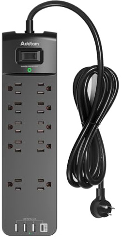 Addtam Power Strips with Surge Protection, 6FT Extension Cord with Multiple Outlets, Surge Protector Power Strip with 10 Outlets and 4 USB Ports(2 USB C), Flat Plug, 2700J, Black