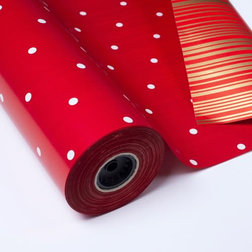 PAKOT – Papel de Regalo Doble Cara Rojo con Lunares Blancos y Rayas Doradas 50 m – Bobina para Envolver Regalos, Cumpleaños y Fiestas