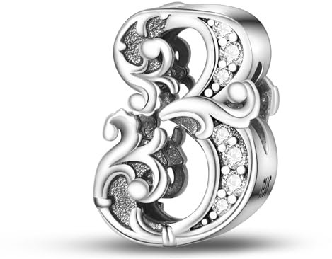Symretie Nummer 3 Charms,925 Sterling Silber Glückszahl-Anhänger für Europäische Armbänder und Halsketten,Geburtstag Zahlen Bead Charms Anhänger