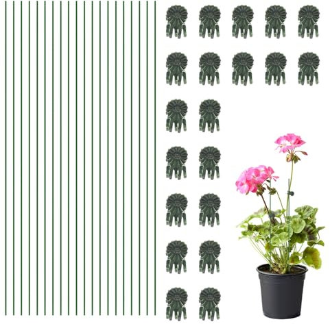 Plant Stakes,20 Pcs Plant Sticks with 20 Plant Clips, Green Iron Plant Support Stakes, Bendable Plant Supports for Indoor Plants,Plant Support Sticks for Climbing Plants Peonies Orchid Rose