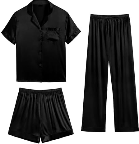 SWOMOG Womens Satin Pyjama Sets Ladies Silk Nightwear 3 Piece Short Sleeve Pj Button Down Sleepwear Set M Light Black
