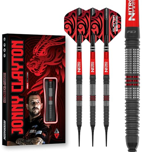 RED DRAGON Darts – Jugadora Professional - Jonny Clayton Hiraeth - 90% Tungsteno - 18g Barril / 20g Peso Completo Punta Suave Juego de Dardos con Plumas y Varillas