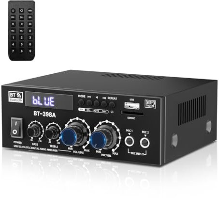 HiFi Amplificateur 1000W, Amplificateur Stéréo Bluetooth 5.3, 12 V/220V,Mini récepteur amplificateur audio stéréo，entrée de carte SD/USB pour la maison ou la voiture (398A)