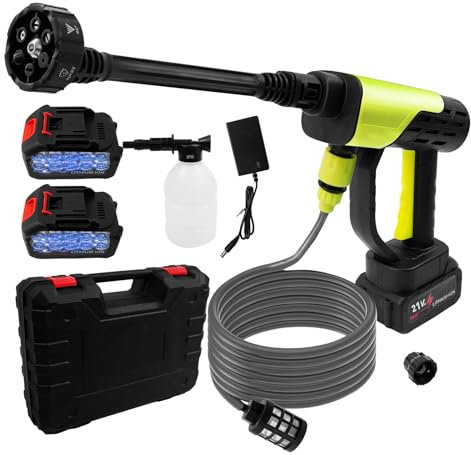 Limpiador de alta presión con batería de 21 V con 2 baterías de 3000 mAh, pistola de alta presión portátil, boquilla multifunción 6 en 1, manguera de 5 m, lavado a presión para coche, terraza, jardín