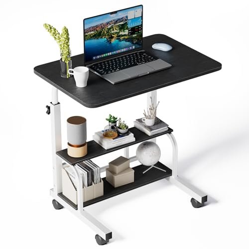 Warmiehomy Mobile Computer Desk with Storage Shelves, Height Adjustable Desk 60cmX40cmX89cm, Laptop Table on Wheels, Rolling Overbed Table for Home Office, Black