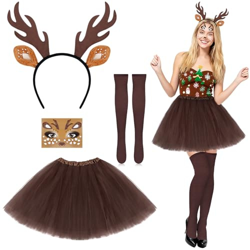Yotako 5 Piece Reindeer Costume Adult, Deer Costumes with Reindeer Antler Headband, Deer Face Tattoo, Tutu Skirt, Stockings, Halloween Christmas Fancy Dress Outfits for Women Girls