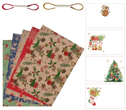 ARKRAFT set 5 fogli formato 90 x 65 cm carta da regalo biglietto e nastro per natale confezione in carta senza plastica (Natale K)