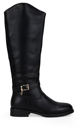 BOSANOVA Botas Altas Planas para Mujer Estilo Bota de Montar con Detalle de Tira con Hebilla metálica y Suela Plana Redonda. Cierre con Cremallera. Calzado para Mujer Negro 36