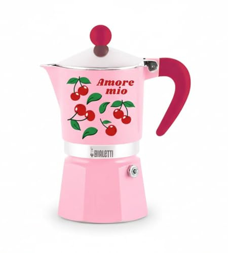 Bialetti Caffettiera Moka Rainbow Amore Mio 3 Tazze, Rossa con Ciliegie, Alluminio, 130 ml, Preparazione Caffè Espresso Manuale