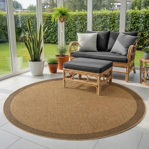 SIMPEX Alfombra Exterior Redonda 200 cm Beige, Resistente a la Intemperie Fácil de Limpiar, Alfombra Estilo Yute Natural para Jardín Terraza Salón Comedor Aspecto de Yute Natural para Interior y