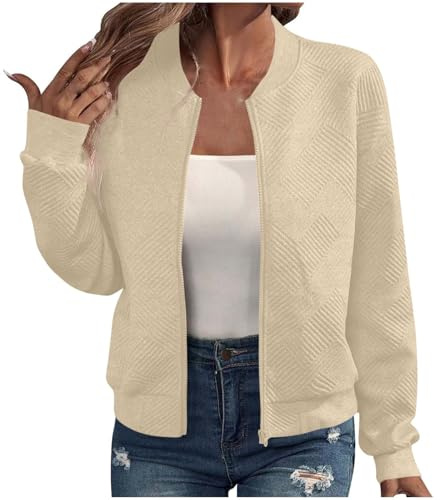 Lätt lång högskolejacka för kvinnor, blusonjackor, ledig tröja med college-krage, långärmad, kort, solid färg, elegant, bekväm, pilotjacka med dragkedja, BEIgE, XL