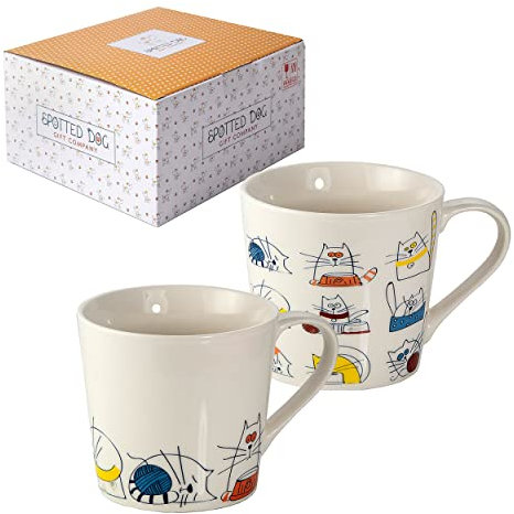 SPOTTED DOG GIFT COMPANY Tazas de Café, Juego de 2 Tazas Desayuno, Tazas de Gato, Taza de Cerámica para Té y Café, Regalo para Amante de los Gatos, 380ml/13oz