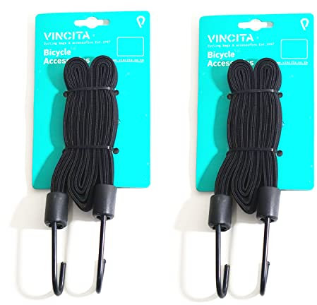 VINCITA Cordons élastiques pour vélo 4 en 1 Sangles élastiques 2 pièces - 18 mm de Largeur, avec 2 Crochets en métal Robustes pour Porte-vélos pour sécuriser Les Bagages/boîte (0,4 X 23,6 , Noir)