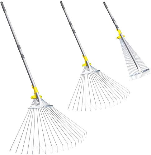 JARDINEER Râteau à feuilles télescopique avec 18 dents - Râteau en métal réglable pour feuilles, cour, arbustes et parterres de fleurs