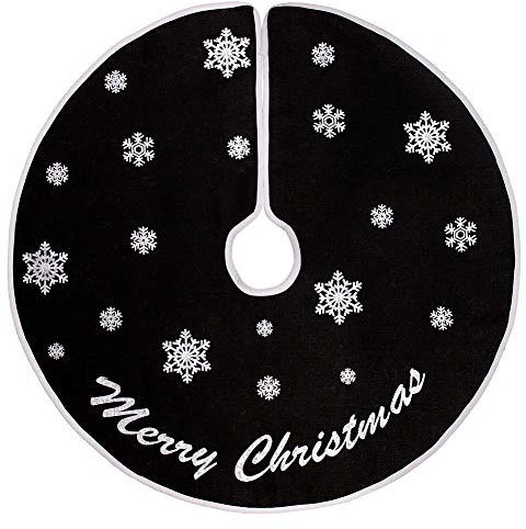 Weihnachtsbaum Decke, 76cm Christbaumdecke, Schwarz Weihnachtsbaumdecke Rund, Leinen Tannenbaum Decke, ‘Merry Christmas’ und Schneeflocke Abdeckung für Christbaumständer, Zuhause Weihnachtsdekoration