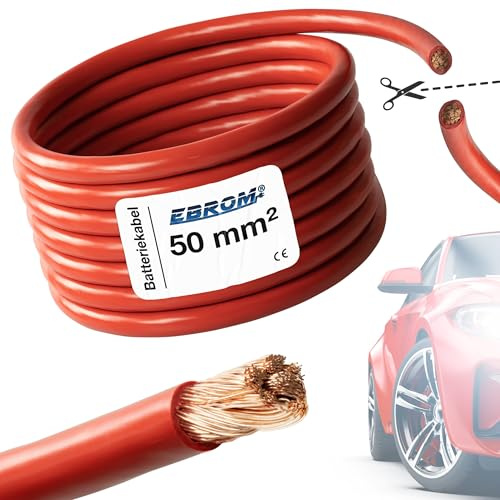 EBROM Cable de vehículo FLY – Cable de batería rojo – Sección 50 mm² – Por metro – Flexible 90 ± 5 Shore – 100% cobre – Funda de PVC especial FLY FLRy – Cable de vehículo en 50 mm²