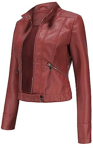 YFFUSHI Chaqueta corta de cuero para mujer, chaqueta bomber de cuero sintético casual con cremallera abrigo, rojo, XL