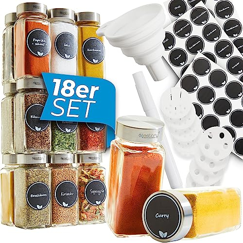 NESTORY® 18er Set Gewürzgläser mit Edelstahldeckel - Eckige Form, 10,5x4,5cm - Passend für jede Schublade - Luftdichte 120ml Gewürzdosen - Inkl. Trichter, Etiketten, Kreidemarker & Streueinsätze