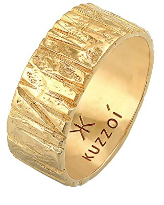 Kuzzoi Herrenring im kunstvoll strukturiertem Design, Bandring massiv (9 mm) breit in 925 Sterling Silber vergoldet, Silberring gehämmert, Goldener Ring für Männer, Ringgröße 64, 0604172221_64