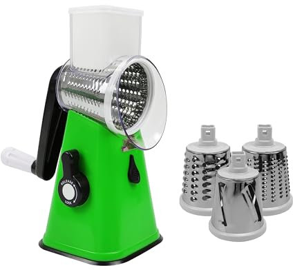 AMOS Grattugia per formaggio multifunzione rotante, affettatrice per frutta vegetale con tre lame in acciaio inossidabile verde