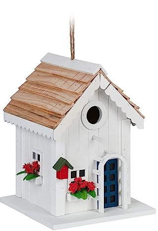 Relaxdays Deko Vogelhaus Casa Pájaros Decorativa Estilo Campestre, Madera, Colgante, 23,5 x 18 x 18 cm, Caja Nido para Jardín, Blanco