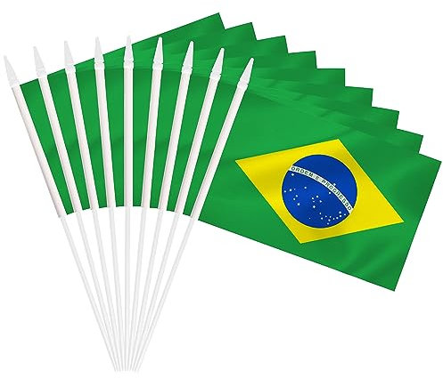 Lot de 25 mini drapeaux du Brésil, petit drapeau miniature brésilien à main avec mât blanc massif de 30,5 cm, drapeau de 12,7 x 20,3 cm, décoration extérieure, décorations de fête, fournitures pour