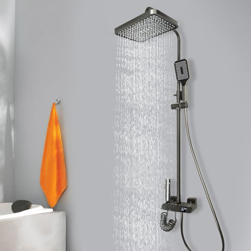 Duschsystem med kran, 4-i-1 mässing duschset med regndusch, 3 lägen väggmonterad duschpelare, duschset med LED-skärm