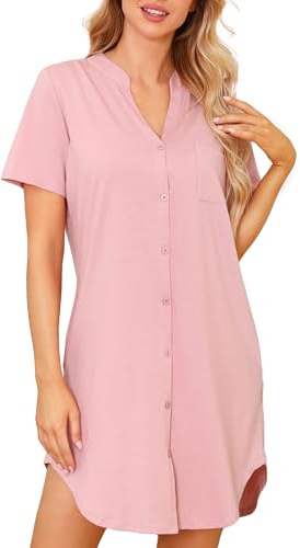 Lovasy Camicia da Notte Donna in Cotone Manica Corta Scollo a V Sexy Sottoveste Curvy con Bottoni Davanti Abito da Notte Estiva con Tasche B Rosa Fagiolo M