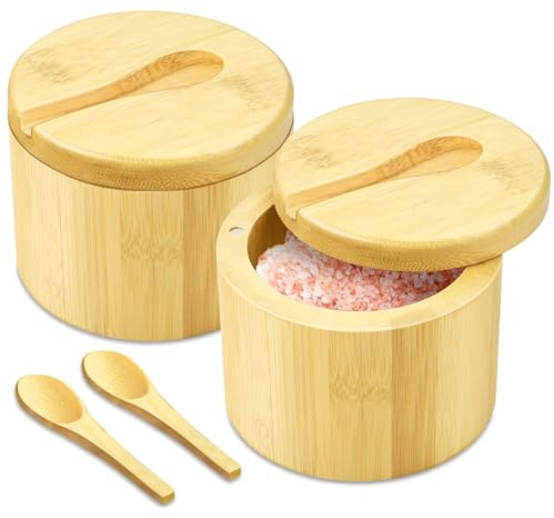 Flexzion Salero de Bambú con Tapa y Cuchara - Contenedores para Sal y Pimienta para Pimentón, Hierbas, Especias, Azúcar - Recipiente de Bambú con Tapa Giratoria Magnética para Cocina, 170 g