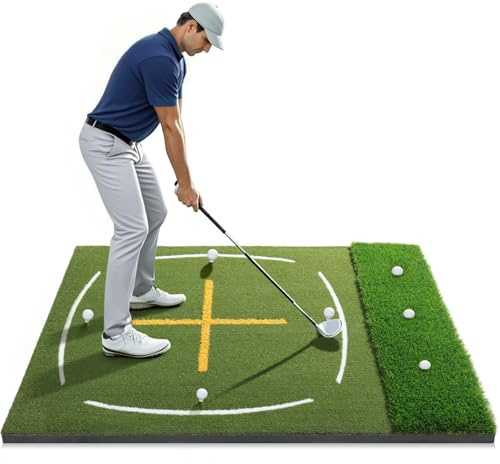 Golfmatta med dubbel gräs | Golfmatta med stående guidelinje och svängbana, 1,5 x 1,2 m förtjockad grön gräs träningsmattor för inomhus- eller utomhusbruk, perfekta gåvor för män pappa man & golfare
