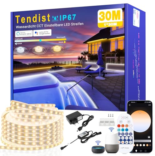 TENDIST 30M Utomhus LED Bandlampor Dimbar Värme Vit till Kyla Vit, IP67 Vattentät Utomhus LED Strip Kompatibel med Alexa APP och Fjärrkontroll, 24V Självhäftande LED Belysning för Terrasser (30M)