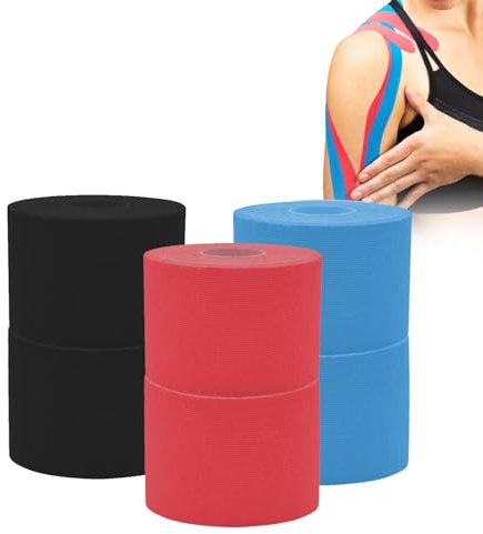 Wixovo 6 Rotoli Tape Kinesiologico 5cm x 5m, Kinesio Tape,Kinesiology Tape,Impermeabile ed Elastico,per Articolazioni Come Muscoli,Ginocchia,Spalle e Gomiti,Nero + Rosso + Azzurro