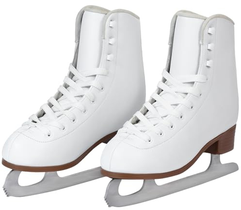 AhmyLion Figure Ice Skates for Beginners - White Comfortable Leather Ice Skates for Women, Men, Boys & Girls (Size Up 1 Size) (White, Womens Size-9/Mens Size 7.5)