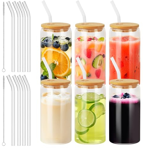 Nuangoo 6 Piezas 500 ml Taza de Té Burbuja con Tapa y Pajita, Vasos para Beber con Tapas de Bambú y Popotes,Vaso de Cristal para Batidos, Latte, Macchiato, Whisky