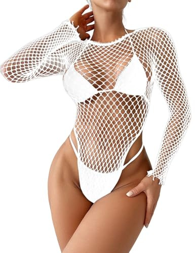 ROSVAJFY Women Fishnet Mesh Bodysuit Sexy One Piece Teddy Lingerie (White, One Size)