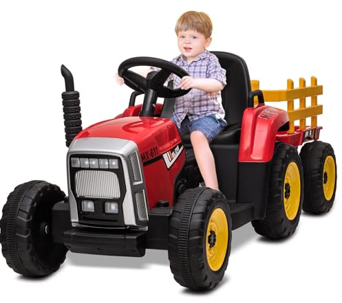 12V Tracteur électrique Enfants, avec Remorque Amovible, Voiture électrique Enfants pour 3 à 8 Ans, avec Télécommande, Musique & MP3, 3 Vitesses, Rouge